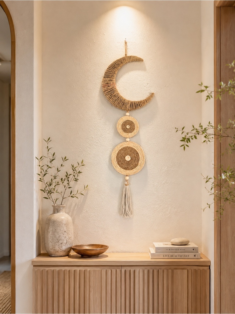 Natural Beige Crescent and Circle Wall Hanging - Boho Macrame Decor